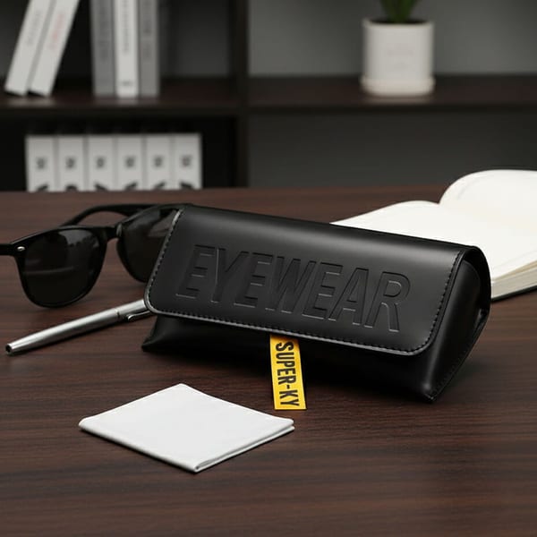 Czarne etui okularowe na magnes EYEWEAR z żółtą tasiemką + Ściereczka do czyszczenia
