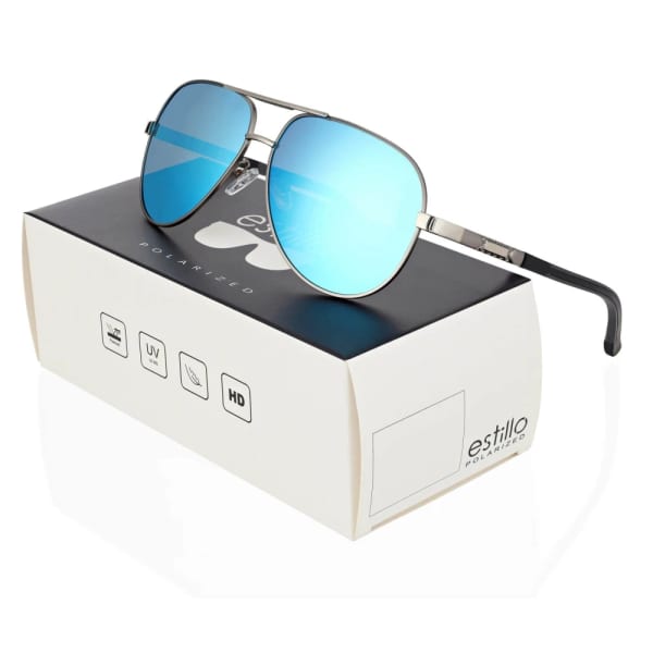 Męskie okulary pilotki przeciwsłoneczne z polaryzacją lustrzanki ESTILLO EST-615-10 silver/blue