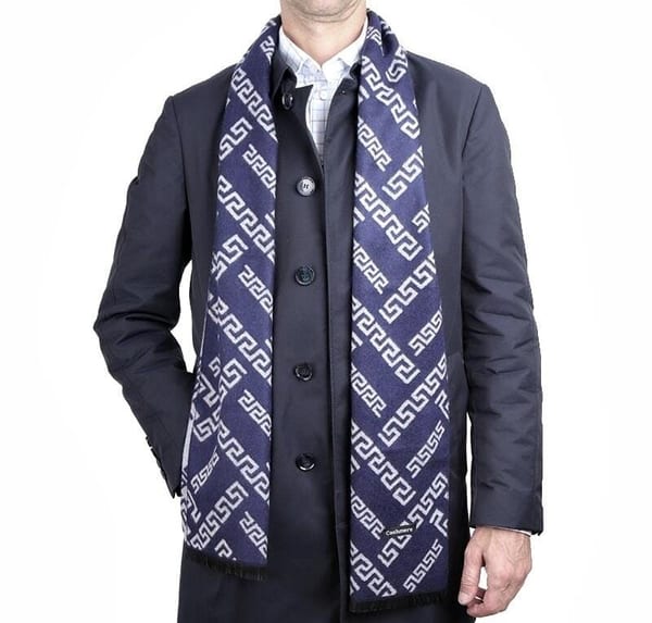 Ciepły szalik męski Cashmere geometryczny SZA-20 granatowo-szary