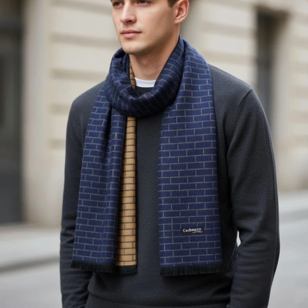 Ciepły szalik męski Cashmere w cegiełkę SZA-36 granat/beż