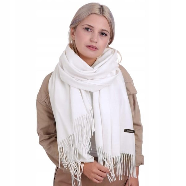 Biały Szalik damski duży Cashmere frędzle SZA-08 ze skazą